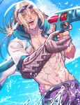  1boy :d abs airgetlam_(fate) bedivere_(fate) blonde_hair braid day eyewear_on_head fate/grand_order fate_(series) green_eyes hair_between_eyes hair_tubes highres holding holding_water_gun hood hood_down hoodie kojiro_0408 long_hair looking_at_viewer low_twintails male_focus male_swimwear no_shirt ocean official_alternate_costume open_clothes open_hoodie short_sleeves smile solo sunglasses swim_trunks teeth toned toned_male twintails upper_body upper_teeth water_gun wet white_hoodie 