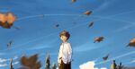  1boy :o autumn autumn_leaves black_hair blue_sky child clouds collared_shirt hand_in_pocket highres leaf long_sleeves looking_up male_child male_focus open_mouth original outdoors shirt short_hair sky solo standing taizo4282 white_shirt wind 