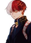  1boy blue_eyes boku_no_hero_academia burn_scar heterochromia highres hinata_(ryohinata) looking_at_viewer male_focus multicolored_hair red_eyes redhead scar scar_on_face school_uniform short_hair simple_background split-color_hair todoroki_shouto two-tone_hair upper_body white_background white_hair 