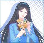  1girl blue_dress blue_eyes braid brown_hair douluo_dalu dress flower holding holding_flower long_hair long_sleeves looking_at_viewer ning_rongrong_(douluo_dalu) parted_lips solo teeth tiara upper_body white_background yellow_flower yi_jian 