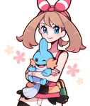  1girl bandana bike_shorts blue_eyes brown_hair highres holding looking_at_viewer may_(pokemon) mudkip pokemon pokemon_(creature) pokemon_(game) pokemon_oras smile touyarokii 