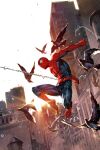  1boy airborne bird bodysuit comic_cover cover_image english_commentary flying gloves highres kael_ngu male_focus marvel mask official_art open_hand pigeon red_bodysuit red_gloves sky solo spider-man spider-man_(series) spider_web_print sunrise superhero 