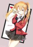 1girl ahoge bangs blonde_hair brown_eyes card collared_shirt curly_hair gradient gradient_background hair_between_eyes hair_ribbon hand_up highres holding holding_card hyakkaou_academy_uniform jacket kakegurui king_of_clubs long_hair looking_at_viewer playing_card portrait red_jacket ribbon saotome_mary shirt smile solo straight-on twintails white_shirt