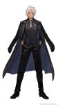  1boy alphen_(tales) alternate_costume bangs dark-skinned_male dark_skin formal full_body hair_between_eyes hands_in_pockets highres jacket long_sleeves looking_at_viewer off-shoulder_coat off-shoulder_jacket off_shoulder official_alternate_costume official_art open_clothes open_jacket short_hair solo spiky_hair suit tales_of_(series) tales_of_arise white_hair 