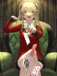  1girl ahoge bangs blonde_hair brown_eyes card collared_shirt curly_hair gradient gradient_background hair_between_eyes hair_ribbon hand_up highres hyakkaou_academy_uniform jacket kakegurui king_of_clubs long_hair looking_at_viewer portrait red_jacket ribbon saotome_mary shirt smile solo straight-on twintails white_shirt 