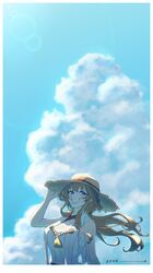  1girl absurdres blue_sky breasts brown_hair clouds day diablo010059 double_bun hair_bun hat highres japanese_clothes kantai_collection kongou_(kancolle) kongou_kai_ni_(kancolle) large_breasts long_hair nontraditional_miko sarashi sky smile solo straw_hat sun_hat sweat upper_body violet_eyes 