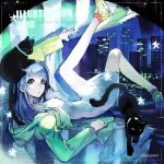  1girl 2018 bayashiko black_cat blue_hair building cat dress highres holding hood hood_down hooded_jacket illustration.media jacket legs_up long_hair long_sleeves lying on_back original shoes solo star_(symbol) white_dress yellow_footwear yellow_jacket 