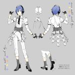  adapted_costume black_footwear black_gloves black_necktie blue_eyes blue_hair bug butterfly corset flower full_body gloves grey_background grey_corset half_gloves hand_up head_tilt headphones high_heels highres kaito_(vocaloid) legs_apart light_smile long_sleeves looking_to_the_side matching_outfit necktie pants pinky_out project_sekai reference_sheet rella shirt shirt_stay short_hair simple_background spot_color standing suspenders vocaloid white_butterfly white_flower white_pants white_shirt 