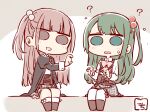  2girls :d ? aqua_eyes arm_at_side artist_name assault_lily bangs black_jacket blunt_bangs blunt_ends boots bow bowtie brown_background brown_eyes brown_footwear brown_hair chibi collared_shirt commentary_request corset flying_sweatdrops full_body gochisousama_(tanin050) green_hair grey_skirt hair_bobbles hair_ornament hand_up hands_up haneda_catalina_mei jacket juliet_sleeves kneehighs light_blush long_hair long_sleeves looking_at_viewer ludvico_private_girls&#039;_academy_school_uniform miniskirt multiple_girls one_side_up open_clothes open_jacket parted_lips pink_bow pink_bowtie plaid plaid_skirt puffy_sleeves sano_matilda_kokoro school_uniform shirt sidelocks sitting skirt smile socks solid_circle_eyes suspenders sweatdrop thigh-highs two-tone_background underbust v-shaped_eyebrows white_background white_shirt white_socks white_thighhighs 