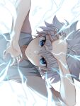  1boy aura blue_eyes child closed_mouth commentary_request electricity highres hunter_x_hunter killua_zoldyck looking_at_viewer male_child male_focus shirt short_hair simple_background solo spiky_hair tank_top usami_(usami_l) white_hair white_shirt 