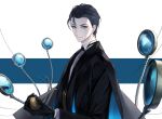  1boy bangs black_bow black_bowtie black_gloves black_hair black_jacket blue_background bow bowtie closed_mouth commentary_request fate/grand_order fate_(series) formal gloves green_eyes hair_slicked_back highres holding holding_smoking_pipe jacket long_sleeves looking_at_viewer magnifying_glass male_focus multicolored_background sherlock_holmes_(fate) shirt short_hair smile smoking_pipe solo suit to0folder80 two-tone_background upper_body white_background white_shirt 