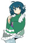 1girl blue_eyes blue_hair blush closed_mouth drill_hair frilled_kimono frills green_kimono hair_between_eyes head_fins ini_(inunabe00) japanese_clothes kimono long_sleeves mermaid monster_girl short_hair simple_background solo touhou wakasagihime white_background wide_sleeves 