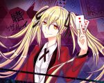 1girl ahoge bangs blonde_hair brown_eyes card collared_shirt curly_hair gradient gradient_background hair_between_eyes hair_ribbon hand_up highres holding holding_card hyakkaou_academy_uniform jacket kakegurui king_of_clubs long_hair looking_at_viewer playing_card portrait red_jacket ribbon saotome_mary saotome_meari shirt smile solo straight-on twintails white_shirt