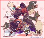  1girl ahoge animal animal_ears bangs bernese_mountain_dog black_footwear black_gloves breasts brown_hair cape checkered_clothes checkered_kimono chibi closed_mouth commentary_request dog dog_ears fate/grand_order fate_(series) floral_print flower folding_fan full_body german_shepherd gloves golden_retriever grey_kimono hair_flower hair_ornament hair_ribbon hand_fan hand_on_hip holding holding_fan husky iwanaga_tm japanese_clothes kimono kyokutei_bakin_(fate) long_hair long_sleeves looking_at_viewer multicolored_clothes multicolored_kimono ponytail red_eyes red_flower red_ribbon ribbon samoyed_(dog) shiba_inu shiny shiny_hair smile solo standing striped striped_kimono too_many_dogs twitter_username very_long_hair welsh_corgi wide_sleeves 