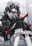  1girl absurdres bag bangs black_hair black_nails cast cellphone crutch ear_piercing earrings eyelashes fishnet_thighhighs fishnets gothic highres jewelry long_hair mask mask_pull mouth_mask original phone piercing red_eyes ring sitting smartphone solo thigh-highs yumeno_yume 