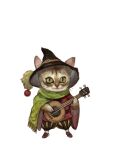  animal animal_ears animal_focus black_headwear capelet cat cat_ears green_capelet hat holding holding_instrument instrument looking_at_viewer music no_humans original playing_instrument puffy_pants red_shirt shirt simple_background solo standing tahra white_background wizard_hat 