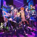  3boys 4girls album_cover aoyagi_touya azusawa_kohane cover full_body hatsune_miku highres kagamine_len looking_at_another looking_at_viewer looking_to_the_side meiko multiple_boys multiple_girls official_art one_eye_closed project_sekai shinonome_akito shiraishi_an suou vivid_bad_squad_(project_sekai) vocaloid 