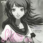  1girl album_cover album_cover_redraw bangs black_sailor_collar colored_text cover derivative_work earrings greyscale jewelry kujikawa_rise long_hair monochrome neckerchief parted_lips persona persona_4 sailor_collar shirt short_sleeves sikap-gm smile solo sweetest_music takeuchi_mariya white_shirt 