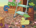  artist_name berry berry_(pokemon) brown_eyes character_request chikorita ladder looking_at_another no_humans oddish oran_berry outdoors pegushi plant pokemon pokemon_(creature) rattata sitting standing tangela tools 