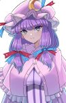  1girl absurdres bangs blue_bow blue_ribbon blunt_bangs bow breasts buttons capelet closed_mouth commentary_request crescent crescent_hat_ornament doku_yanagi frilled_capelet frills hair_bow hat hat_ornament hat_ribbon highres large_breasts looking_at_viewer mob_cap patchouli_knowledge purple_hair red_bow red_ribbon ribbon simple_background smile solo touhou upper_body violet_eyes white_background 