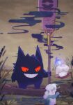  arc_draws commentary_request fire flame gengar grin highres hisuian_zorua holding litwick looking_down outdoors pokemon pokemon_(creature) smile standing teeth yellow_eyes 