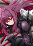  1girl bangs bodysuit breasts eyebrows_hidden_by_hair fate/grand_order fate_(series) highres holding holding_polearm holding_weapon lance long_hair looking_at_viewer nodachi_(artist) polearm purple_hair scathach_(fate) smile solo squatting upper_body violet_eyes weapon 