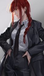  1girl bangs bell black_neckerchief black_pants black_suit blunt_bangs braid braided_ponytail chainsaw_man closed_mouth collared_shirt cowbell formal gradient gradient_background hands_on_hips highres long_hair looking_to_the_side m2_(guvn5745) makima_(chainsaw_man) neckerchief pants redhead shirt shirt_tucked_in sidelocks single_braid solo suit white_shirt yellow_eyes 