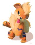  animal_focus blue_eyes claws commentary full_body growlithe head_tilt highres likey no_humans one_eye_closed pokemon pokemon_(creature) signature solo standing tongue tongue_out white_background 