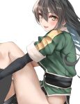  1girl black_eyes black_gloves black_hair breasts chikuma_(kancolle) chikuma_kai_ni_(kancolle) commentary_request elbow_gloves gloves green_shirt kantai_collection large_breasts long_hair looking_at_viewer pelvic_curtain puffy_short_sleeves puffy_sleeves shirt short_sleeves simple_background single_elbow_glove solo tororo_ten unfinished white_background 
