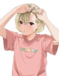  1girl adjusting_hair animal_print arms_up artist_name bird_print blonde_hair blush brown_eyes hair_behind_ear hair_between_eyes hair_ornament hairclip looking_at_viewer mattaku_mousuke original shirt short_hair solo t-shirt upper_body watermark white_background 