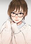  1girl bangs black-framed_eyewear brown_eyes brown_hair closed_mouth earrings glasses hands_up highres jewelry lips lipstick long_sleeves looking_at_viewer makeup mole mole_on_cheek mole_under_eye original saitou_(lynx-shrike) short_hair solo sweater white_sweater 