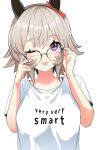  1girl alternate_costume animal_ears bespectacled breasts collarbone commentary_request curren_chan_(umamusume) english_text glasses grey_hair highres horse_ears medium_breasts one_eye_closed shirt short_hair simple_background solo t-shirt takuan_(taku1219oekaki) tongue tongue_out umamusume violet_eyes white_background 