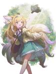 1girl :d animal_ears arknights blonde_hair blue_dress brown_jacket creature_on_head dress feet_out_of_frame fox_ears fox_girl fox_tail frilled_hairband frills hair_ribbon hairband highres jacket jell_(jell_y_fish) kitsune long_sleeves looking_at_animal multicolored_hair open_clothes open_jacket pinafore_dress red_ribbon ribbon smile solo standing streaked_hair suzuran_(arknights) suzuran_(spring_praise)_(arknights) tail white_hair yellow_eyes