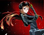  black-framed_eyewear black_background bodysuit cofffee cropped_legs from_side glasses goggles goggles_on_head long_hair looking_at_viewer multicolored_background orange_hair persona persona_5 red_background sakura_futaba smile standing 