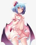  1girl ahoge back_bow bangs bat_wings blue_hair blurry blush bow buttons collared_shirt commentary_request crystal crystal_hair_ornament frills grey_background hair_between_eyes hair_ornament hair_ribbon hands_up highres no_headwear open_clothes open_shirt pink_bow pink_shirt pink_skirt puffy_short_sleeves puffy_sleeves purple_bow purple_ribbon red_bow red_eyes remilia_scarlet ribbon ruhika shirt short_hair short_sleeves simple_background skirt solo standing touhou wings wrist_cuffs 