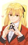  1girl ahoge bangs blonde_hair brown_eyes card collared_shirt curly_hair gradient gradient_background hair_between_eyes hair_ribbon hand_up highres hyakkaou_academy_uniform jacket kakegurui king_of_clubs long_hair looking_at_viewer portrait red_jacket ribbon saotome_mary shirt smile solo straight-on twintails white_shirt 