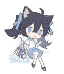  1girl :d ahoge animal_ears artist_name bag bangs black_footwear black_hair blue_bow blue_eyes blue_shorts blush bow cat_ears chibi collared_shirt commentary crossed_bangs english_commentary english_text hair_between_eyes hair_bow long_hair looking_at_viewer melan_(melanbread) melanbread no_nose open_mouth original sandals shirt shirt_tucked_in shopping_bag short_sleeves shorts shoulder_bag simple_background smile solo tareme twintails twitter_username watermark white_background white_shirt 