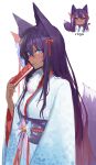  absurdres animal_ears blue_eyes closed_eyes closed_mouth fox_ears fox_girl fox_tail hair_ornament hand_fan heart highres holding holding_fan japanese_clothes kimono long_hair looking_at_viewer original purple_hair ribbon smile so_shio tail virtual_youtuber white_background 