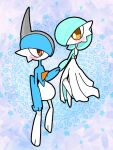  1boy 1girl alternate_color arm_at_side bangs blue_background blue_hair blue_skin blue_theme blush blush_stickers bob_cut bright_pupils chibi colored_skin commentary_request eye_contact from_behind full_body gallade gardevoir grey_hair hair_over_one_eye hand_up holding_hands looking_at_another mohawk multicolored_hair multicolored_skin no_mouth one_eye_covered orange_eyes partial_commentary pokemon pokemon_(creature) shiny_pokemon short_hair standing star_(symbol) two-tone_hair two-tone_skin white_pupils white_skin yuri_(pixiv_76483886) 