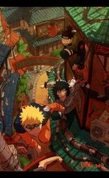  006_wa 3boys animal_on_shoulder blonde_hair blue_eyes child commentary_request day dog facial_mark forehead_protector from_above highres inuzuka_kiba male_child male_focus multiple_boys naruto naruto_(series) ninja outdoors short_hair smile spiky_hair umino_iruka uzumaki_naruto whisker_markings 