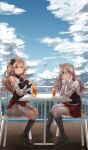  2girls ascot blonde_hair blush brown_eyes chair closed_mouth clouds cloudy_sky corset cup day drink drinking_glass drinking_straw grey_hair hair_between_eyes hat highres kantai_collection long_hair long_sleeves mini_hat mizunototori multiple_girls parted_lips pola_(kancolle) red_ascot red_skirt rudder_footwear shirt sitting skirt sky smile thigh-highs wavy_hair white_headwear white_shirt white_thighhighs zara_(kancolle) zara_due_(kancolle) 
