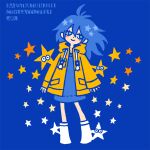  1girl 2018 aqua_eyes blue_background blue_hair blue_shirt blush drawstring full_body garouma hood hood_down illustration.media jacket long_hair original shirt sleeves_past_wrists smile solo standing star_(symbol) white_footwear yellow_jacket 