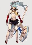  1girl android axe black_sailor_collar black_skirt blue_hair full_body grey_background hair_ornament hankuri holding holding_axe holding_weapon joints labrys_(persona) long_hair looking_away miniskirt neckerchief persona persona_4 persona_4:_the_ultimate_in_mayonaka_arena pleated_skirt ponytail red_eyes robot robot_ears robot_joints sailor_collar school_uniform serafuku simple_background skirt solo uniform very_long_hair weapon yasogami_school_uniform yellow_neckerchief 