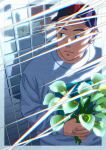  1boy absurdres baseball_cap bouquet closed_mouth flower hat highres holding holding_flower jersey light_rays looking_to_the_side male_focus original shadow short_hair string string_of_fate tsukumiiii unamused 