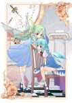  2girls absurdres arm_support black_footwear blue_bow blue_dress blue_eyes blue_hair blush bow card chair checkered_floor chinese_commentary cirno closed_mouth column commentary_request daiyousei detached_wings dress fairy_wings flower framed full_body gears green_hair hair_between_eyes hair_bow head_rest highres ice ice_wings jack_of_spades king_of_diamonds kneehighs lampshade leaf leaning_forward long_hair looking_at_viewer mary_janes medium_hair multiple_girls neck_ribbon neckerchief on_chair one_side_up pillar pillow playing_card puffy_short_sleeves puffy_sleeves red_neckerchief ribbon rose seven_of_diamonds shirt shoe_removed shoes short_sleeves single_shoe sitting six_of_spades smile socks three_of_hearts touhou white_flower white_rose white_shirt white_socks wings wuzeiiezuw yellow_eyes yellow_ribbon 