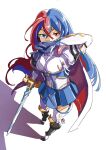  1girl alear_(fire_emblem)_(female) automatic_giraffe blue_eyes blue_hair breasts fire_emblem fire_emblem_engage heterochromia highres holding holding_sword holding_weapon jewelry long_hair looking_at_viewer multicolored_hair red_eyes redhead solo sword thigh_strap two-tone_hair very_long_hair weapon 