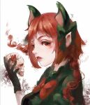  1girl animal_ears bangs black_bow black_gloves blush bow bowtie braid breasts cat_ears dress extra_ears gloves green_dress hand_up holding holding_skull kaenbyou_rin large_breasts lips long_hair niromi nose nostrils parted_lips profile red_bow red_bowtie red_eyes redhead sideways_glance simple_background skull solo tareme touhou twin_braids white_background 