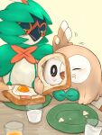  absurdres bacon bird black_eyes bread bright_pupils commentary_request decidueye food fried_egg glass highres hiyoko_kurabu holding holding_food milk no_humans one_eye_closed plate pokemon pokemon_(creature) red_pupils rowlet white_pupils yellow_eyes 