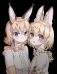  2girls azen_(mntimcczgrtn) bare_shoulders black_background blonde_hair bow bowtie caracal_(kemono_friends) elbow_gloves fang gloves grey_eyes highres kemono_friends looking_at_viewer medium_hair multiple_girls ringed_eyes serval_(kemono_friends) shirt simple_background smile wavy_eyes white_shirt yellow_eyes 