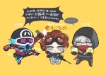  ... 1boy 2girls animification apex_legends balisong black_bodysuit black_jacket blue_eyes bodysuit brown_hair butterfly_knife_(apex_legends) chibi chinese_text duoqing_hanzhe goggles goggles_on_head grey_hair gun helmet highres holding holding_gun holding_knife holding_weapon hood hood_up hooded_bodysuit horizon_(apex_legends) jacket knife mask mouth_mask multiple_girls ninja octane_(apex_legends) official_alternate_costume rifle rift_stalker_wraith sentinel_esr sitting smile sniper_rifle sonic_boom_octane spacesuit speech_bubble spoken_ellipsis tearing_up translation_request weapon wraith_(apex_legends) yellow_background 
